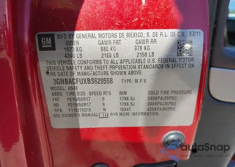 2011 Chevrolet Hhr Lt from USA, damaged, VIN 3GNBACFUXBS629558